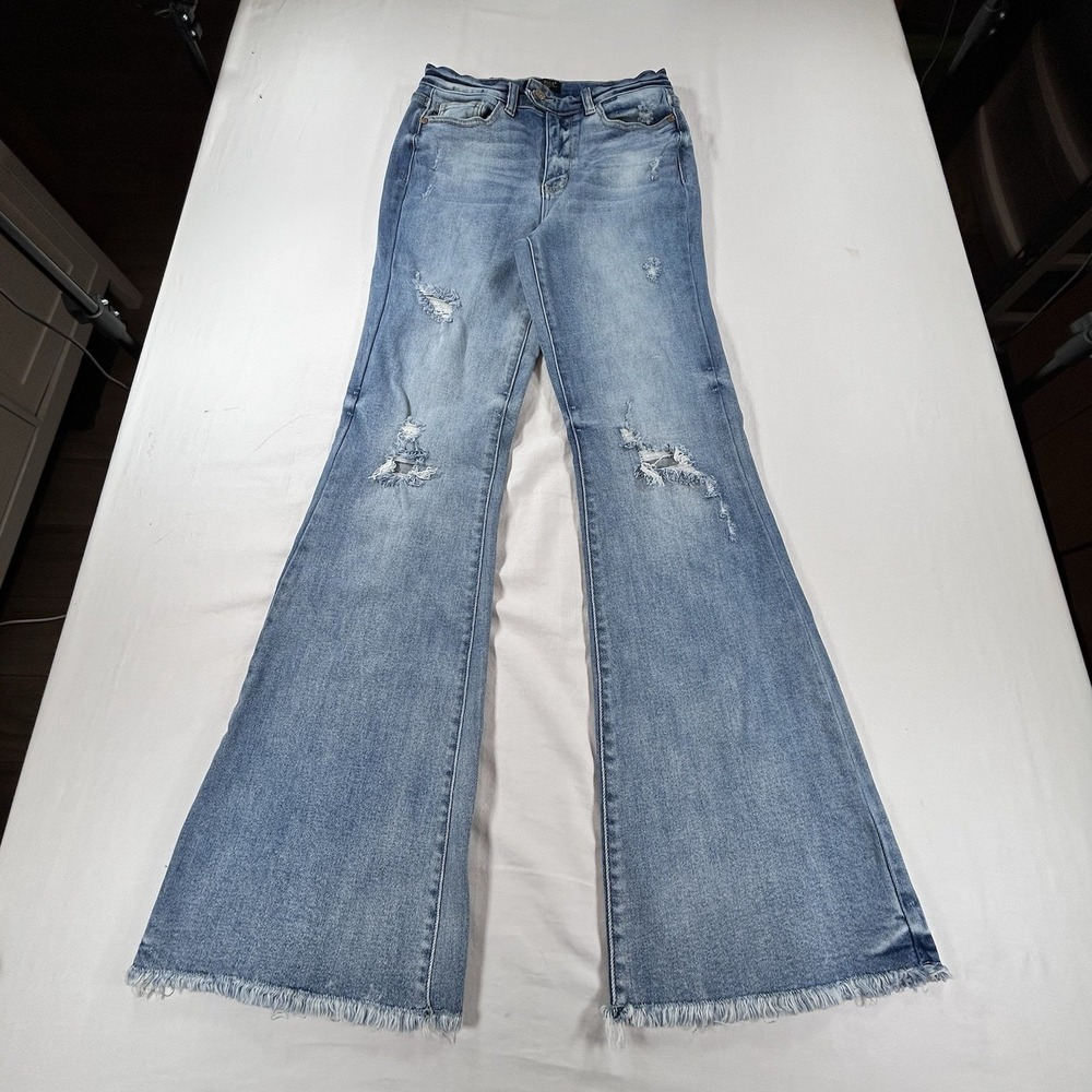 Judy Blue High Rise Distressed Flare Jeans Sz 1/25 Blue Light Wash Actual 26x34